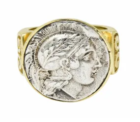 1970's Vintage Ancient Coin 18 Karat Gold Athena & Bull Ring