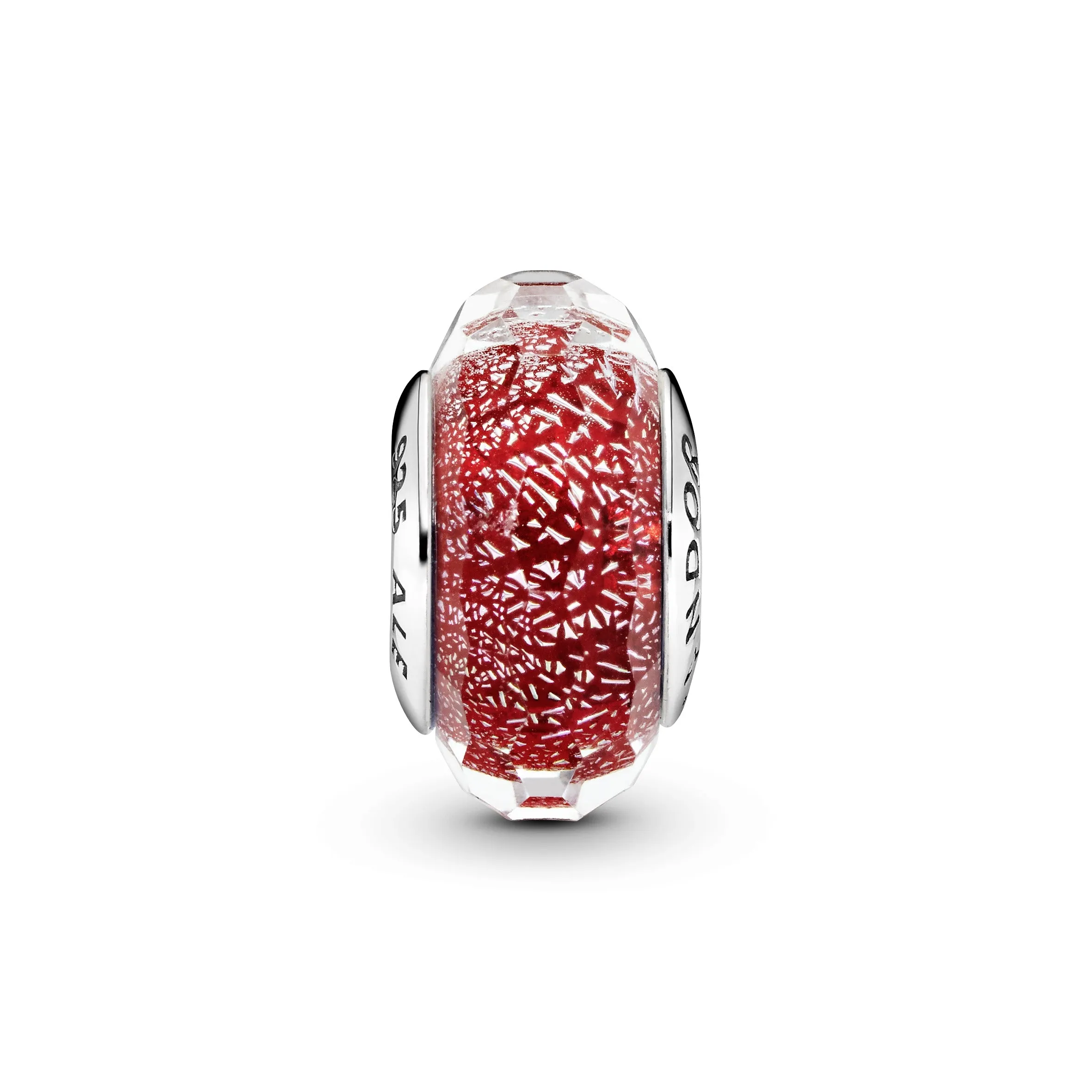 Abstract silver charm with faceted iridescent red Murano glass