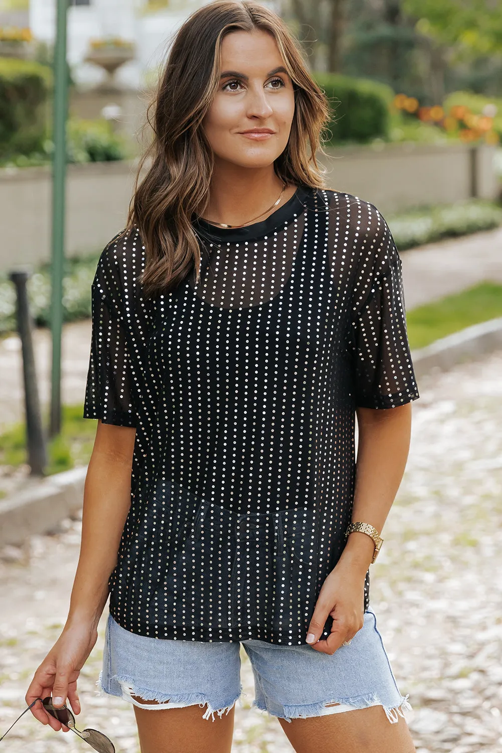 Black Sequin Drop Shoulder Sheer T-shirt