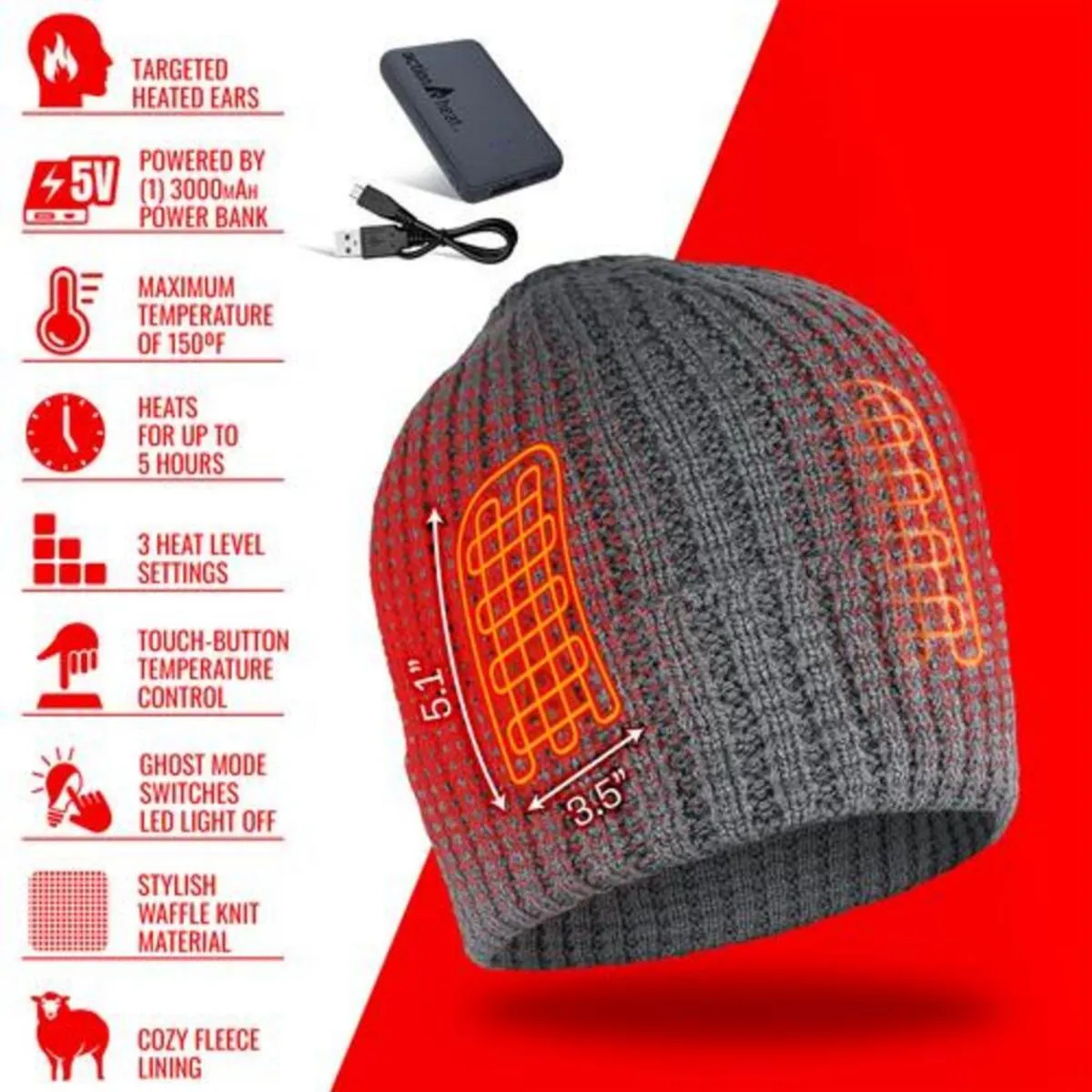 Open Box ActionHeat 5V Battery Heated Waffle Knit Hat